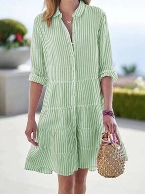 NWT Utcoco Green and White Vertical Stripe Shirt Dress